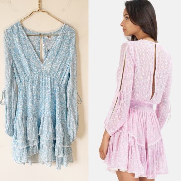 NWT Sunday Saint Tropez Blue Floral Metallic Ruffle Monica Mini Dress OS / M
